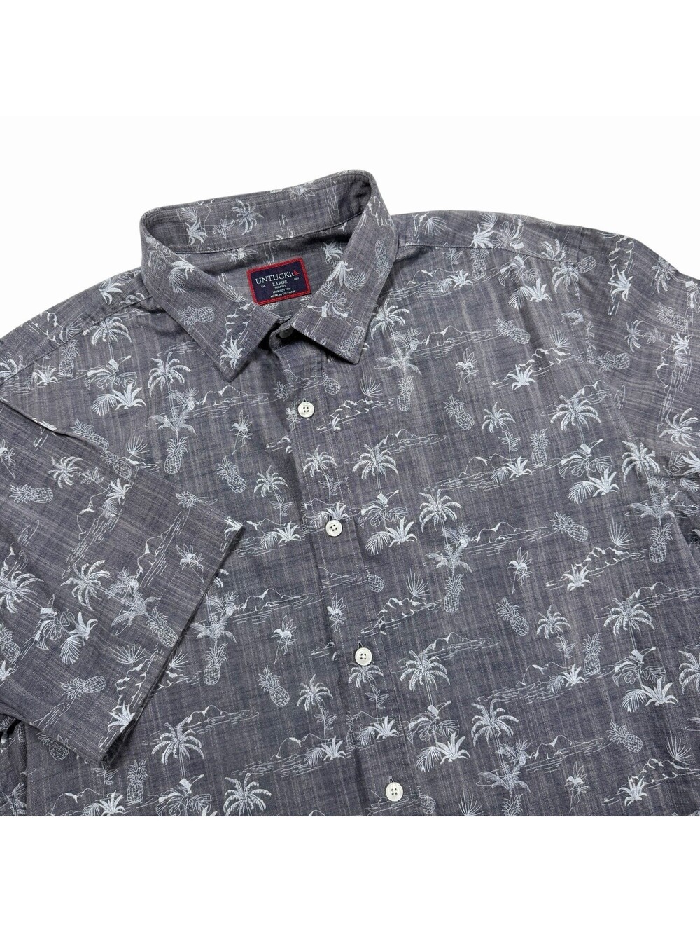 UNTUCKit Men Large Gray Short Sleeve Slim Fit Tropical Palm Pineapple Button Up